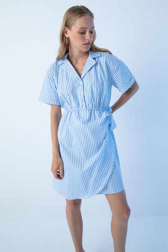 V Neck Short Sleeve Striped Mini Dress
