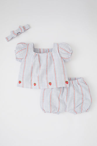 Kız Bebek Regular Fit Yeni Doğan Çizgili Vual Kare Yaka Bluz Şort Bandana Takım