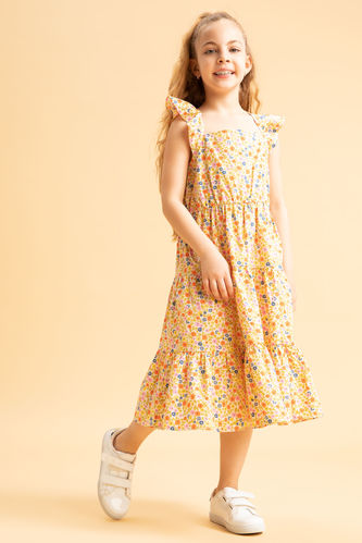 Kız Çocuk Çiçekli Kare Yaka Gipeli Kısa Kollu Elbise