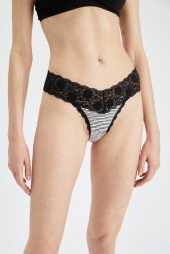 Black Striped Lace High Leg Thong, Lingerie