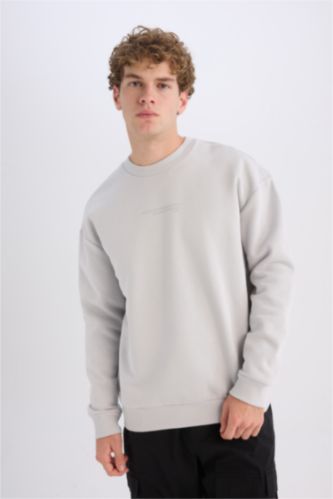 Erkek Açık Gri Boxy Fit Bisiklet Yaka Baskılı Sweatshirt