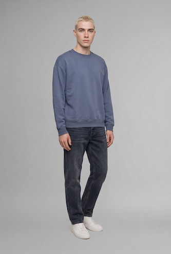 Men Light Indigo Boxy Fit Printed Crew Neck Sweatshirt