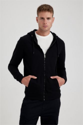 رجال أسود سويتر بغطاء للرأس وسحاب ذو قصة عادية