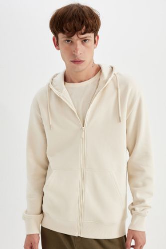 Regular Fit Kapüşonlu İçi Yumuşak Tüylü Cepli Basic Düz Fermuarlı Sweatshirt
