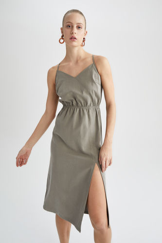 Wrap Yaka Tensel Askılı Midi Elbise