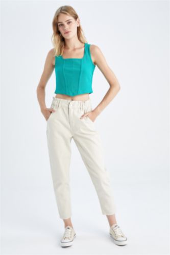 FEMME Beige Pantalon ample en gabardine à taille normale