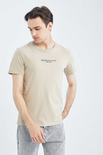 T-shirt en coton peigné imprimé à col ras du cou coupe slim