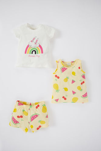 Baby Girl Newborn Patterned Short Sleeve Athlete Shorts Combed Cotton 3-Piece Set