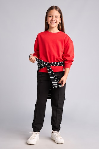 FILLES Noir Pantalon de survêtement jogger à taille élastique avec poches pour fille