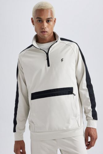 DeFactoFit Standart Fit Fermuarlı Dik Yaka Skuba Dalgıç Kumaş Cepli Sporcu Sweatshirt