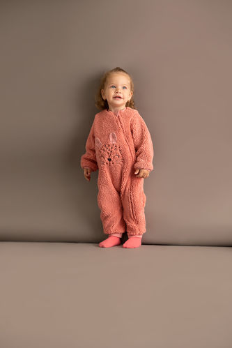 Baby Girl Crew Neck Patterned Plush Jumpsuit