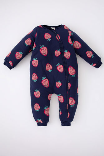 Baby Girl Crew Neck Fruit Patterned Combed Cotton Jumpsuit