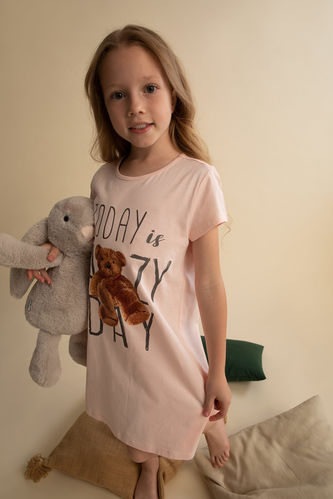 Girl Regular Fit Teddy Bear Printed Short Sleeve Cotton Nightgown