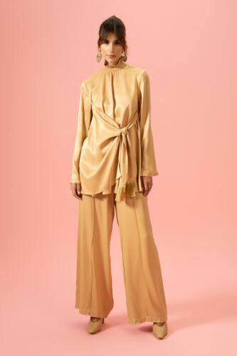 Camel Satin Wide Leg Pants