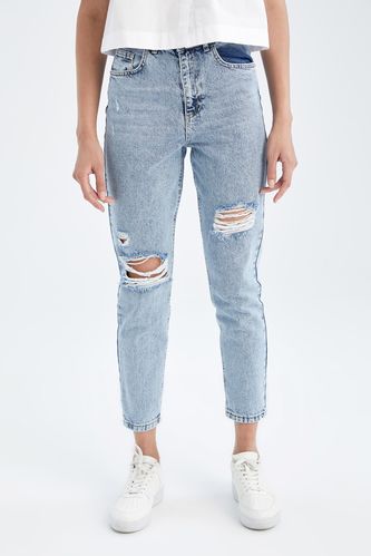 Mom Fit Yüksek Bel Yırtık Detaylı Jean %100 Pamuk Pantolon