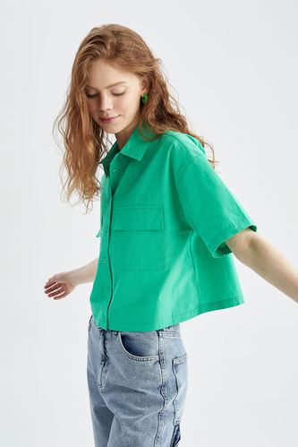 Coool Double Pocket Deay Cotton Short Sleeve Crop Poplin Shirt