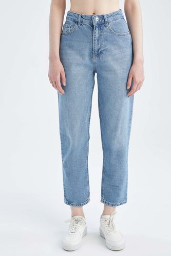 Mom Fit Yüksek Bel Yıkamalı Jean %100 Pamuk Pantolon