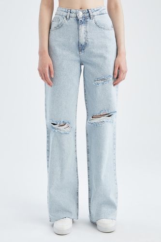 Geniş Paça Yüksek Bel Paça Ucu Kesik Detaylı Jean %100 Pamuk Pantolon
