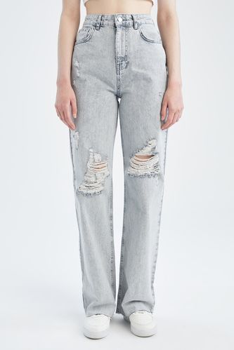 Geniş Paça Yüksek Bel Paça Ucu Kesik Detaylı Jean %100 Pamuk Pantolon
