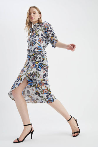 A Cut Floral Print Midi Skirt