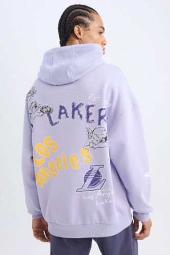 DeFactoFit NBA Los Angeles Lakers Oversize Geniş Kalıp Sırt Baskılı Kapüşonlu Sweatshirt