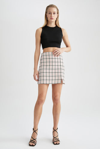 A Cut High Waisted Check Printed Mini Skirt