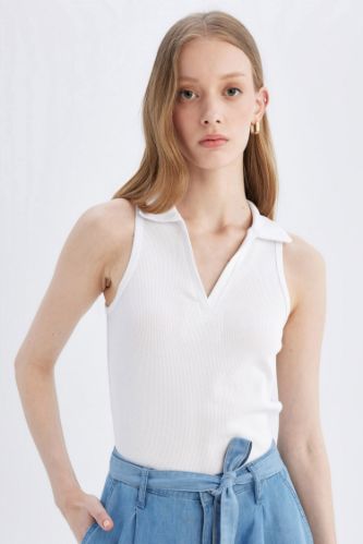 Slim Fit Dar Kesim Polo Yaka Beyaz Fitilli Kaşkorse Atlet