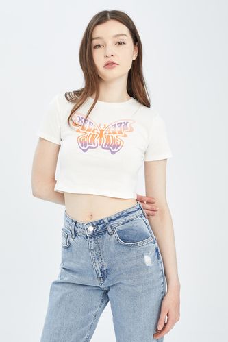Coool Fitted Crew Neck Printed Short Sleeve Crop T-Shirt