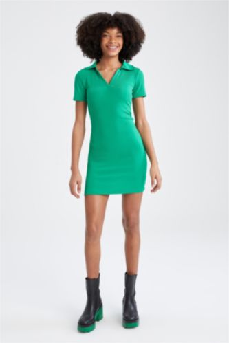 Green Woman Polo Neck Short Sleeve Mini Dress 2521340 DeFacto