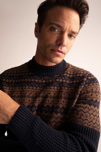 Regular Fit Turtleneck Patterned Reversible Knitwear Sweater
