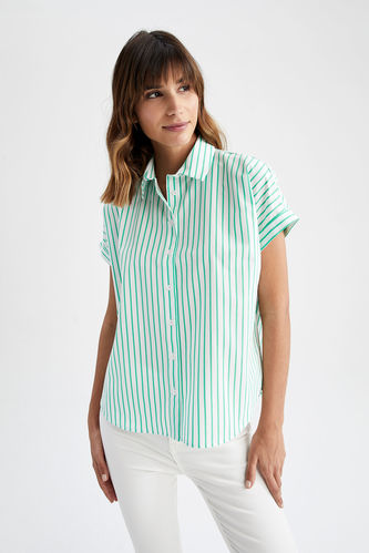 Regular Fit Short Sleeve Striped Poplin Shirt