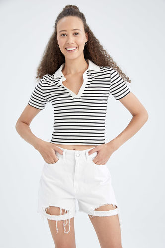 Slim Fit Polo Yaka Çizgili Kısa Kollu Crop Tişört