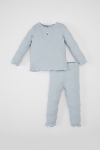 Kız Bebek Açık Mavi Kız Bebek 2'li Takım Çiçekli Fitilli Kaşkorse Uzun Kollu Tişört Beli Lastikli Alt