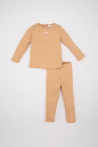 Kız Bebek 2'li Takım Çiçekli Fitilli Kaşkorse Uzun Kollu Tişört Üst Beli Lastikli Alt