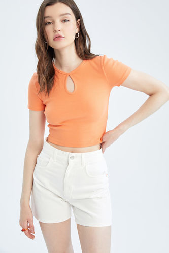 Coool Crew Neck Low-Cut Front Basic Short Sleeve Crop Top