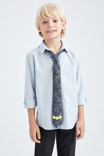 Erkek Çocuk Mavi Keten Görünümlü Uzun Kollu Okul Gömleği