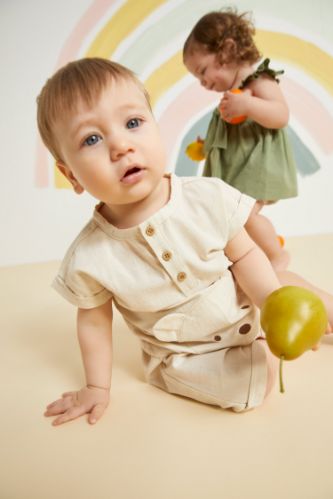 Beige Baby Boy Baby Boy Button Linen Short Sleeve Shirt Shorts 2 Pack Set 2538891 DeFacto