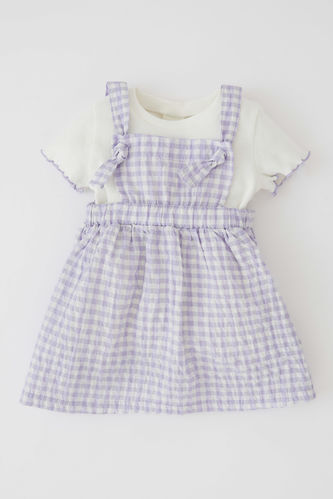 Kız Bebek Kısa Kollu Tişört Pötikare Desenli Askılı Elbise Takım