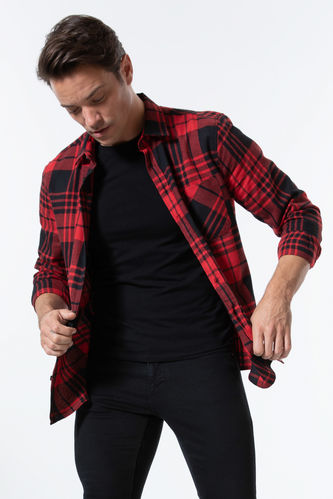 Slim Fit Polo Neck Checked Long Sleeve Shirt