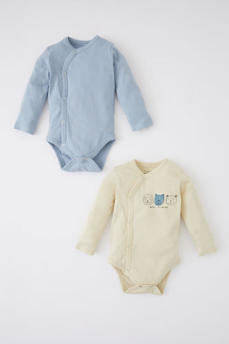 Erkek Bebek Yeni Doğan Zarf Yaka Ribana 2'li Uzun Kollu Çıtçıtlı Body