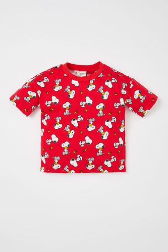 Erkek Bebek Snoopy  Bisiklet Yaka Kısa Kollu Penye Tişört