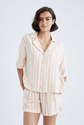 Relax Fit Pijama Yaka Çizgili Keten Karışımlı Kısa Kollu Gömlek