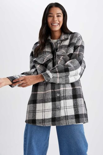 Relax Fit Shirt Collar Checked Long Sleeve Tunic
