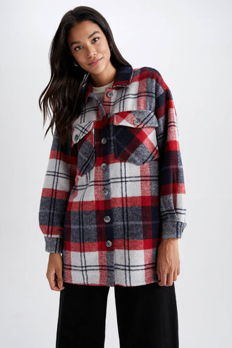 Relax Fit Flanel Shirt Collar Plaid Long Sleeve Tunic