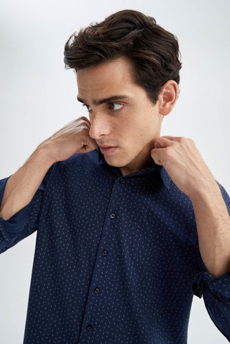 Modern Fit Italian Collar Printed Long Sleeve Cotton Shirt