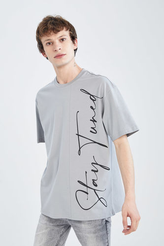 Boxy Fit Crew Neck Slogan Printed 100% Cotton T-Shirt