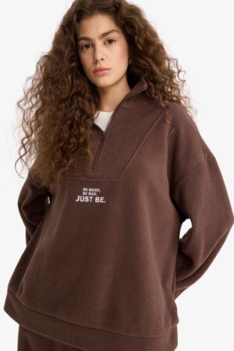 Oversize флисовая толстовка с воротником-стойкой и молнией