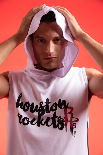 DeFactoFit NBA Houston Rockets Boxy Fit Kapüşonlu Kolsuz %100 Pamuk Ağır Kumaş Tişört