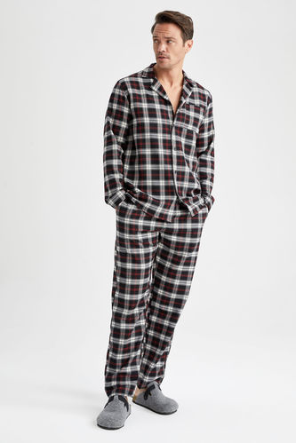 Regular Fit Crew Neck Checked Flannel Pajamas Set