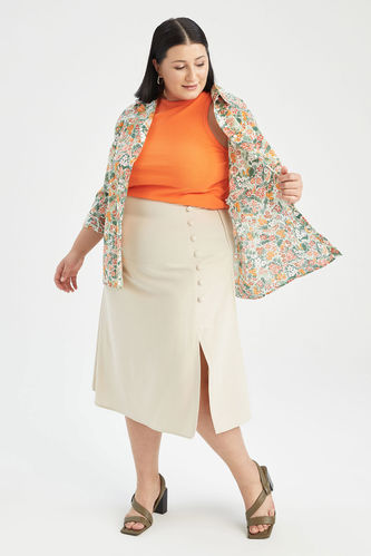 DF Plus A-Line High Waist Plus Size Slit Detailed Midi Skirt